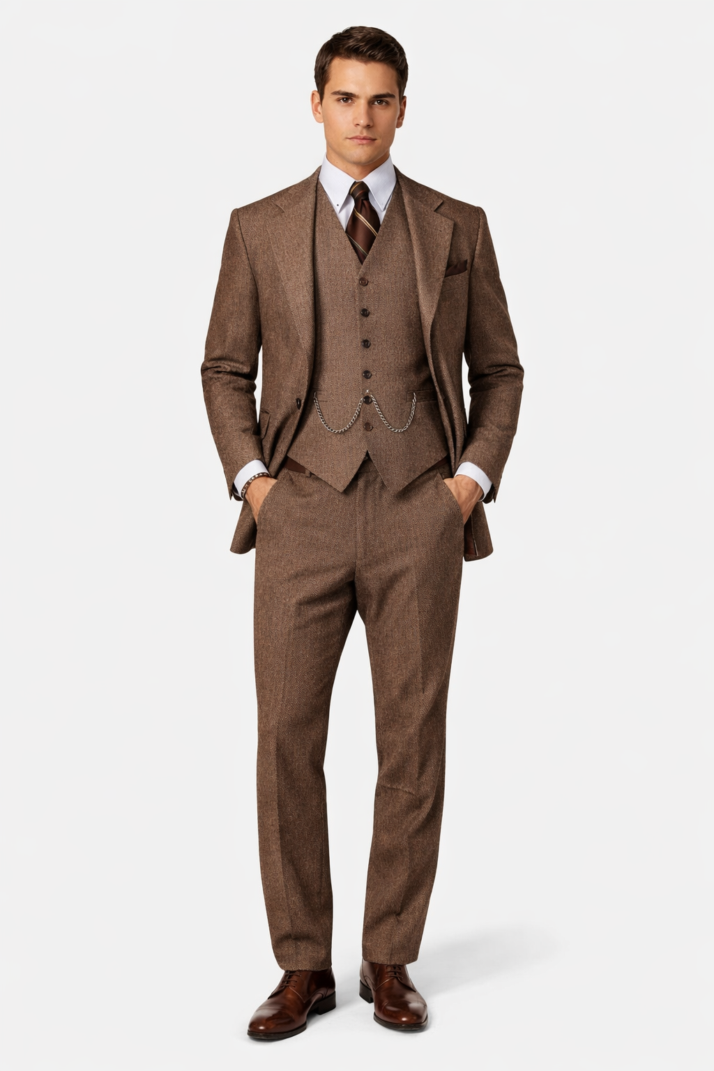 Mens Vested Great Gatsby Tweed Herringbone Tobey Maguire Suit in Light Brown