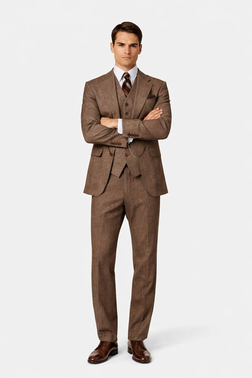 Mens Vested Great Gatsby Tweed Herringbone Tobey Maguire Suit in Light Brown