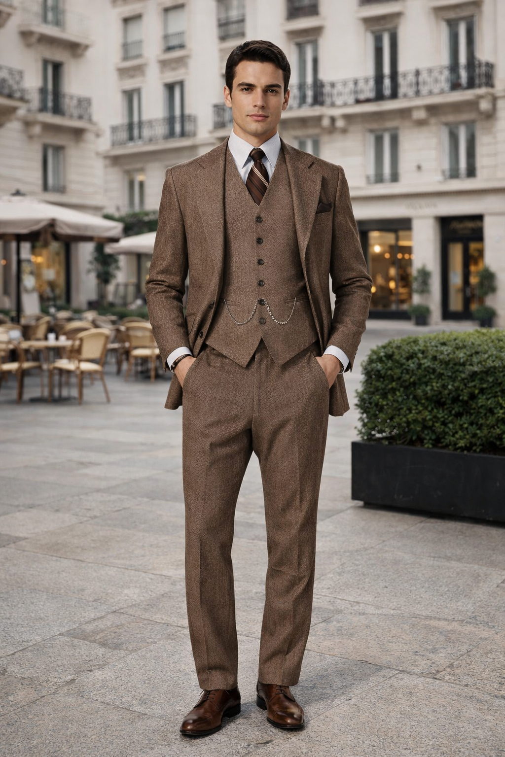 Mens Vested Great Gatsby Tweed Herringbone Tobey Maguire Suit in Light Brown