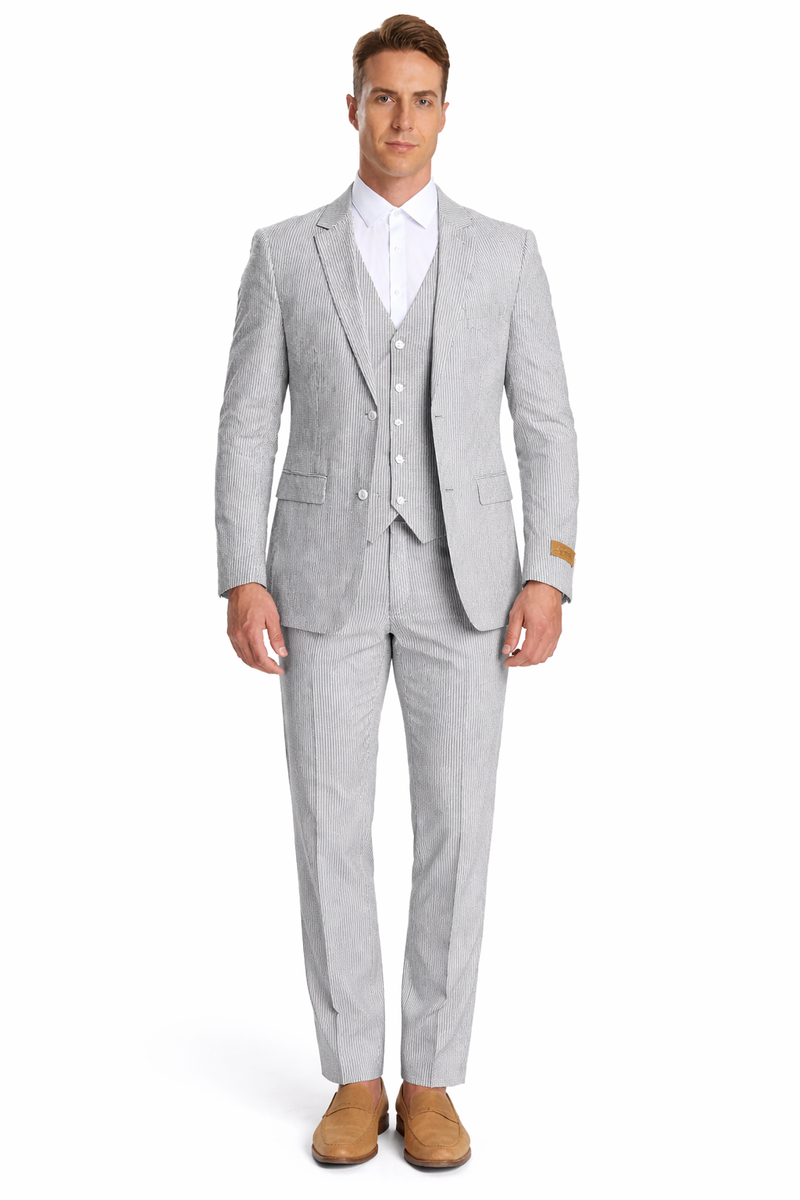Mens Jacket + Pants Summer Seersucker Suit in Black Pinstripe
