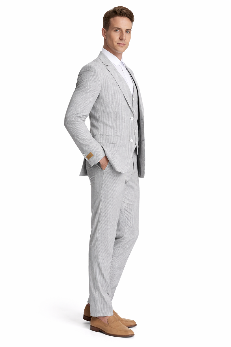 Mens Jacket + Pants Summer Seersucker Suit in Black Pinstripe