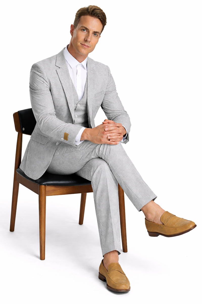 Mens Jacket + Pants Summer Seersucker Suit in Black Pinstripe