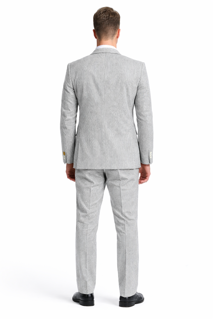 Mens Jacket + Pants Summer Seersucker Suit in Black Pinstripe