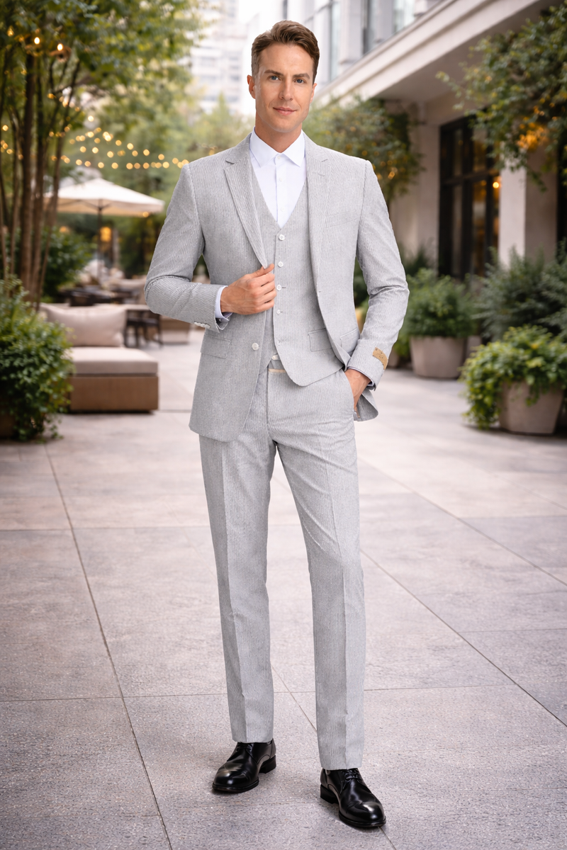 Mens Jacket + Pants Summer Seersucker Suit in Black Pinstripe