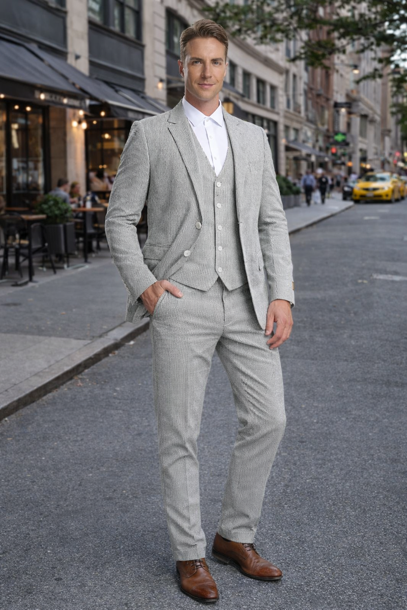 Mens Jacket + Pants Summer Seersucker Suit in Black Pinstripe