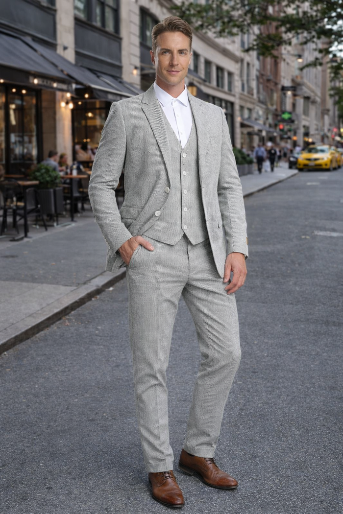 Mens Jacket + Pants Summer Seersucker Suit in Black Pinstripe