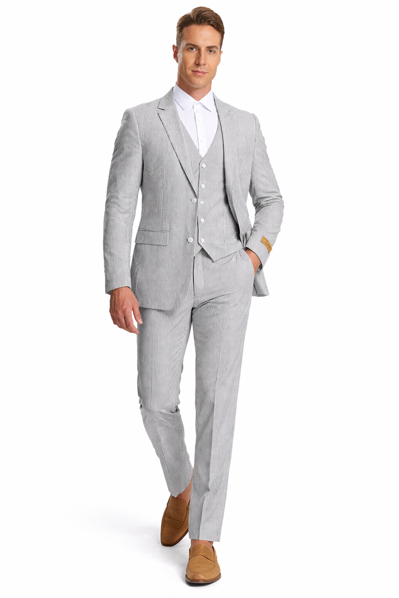 Mens Jacket + Pants Summer Seersucker Suit in Black Pinstripe
