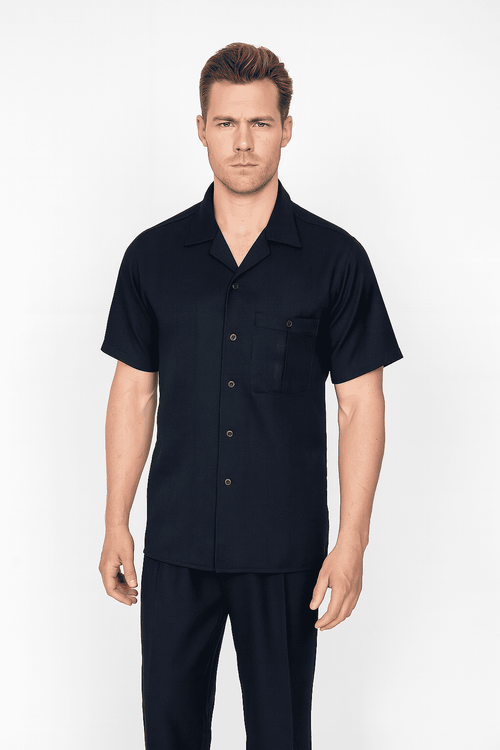 Black leisure suit: short-sleeved button-down shirt with notched collar & chest pocket, plus straight-leg pants. Smooth, uniform black fabric.
