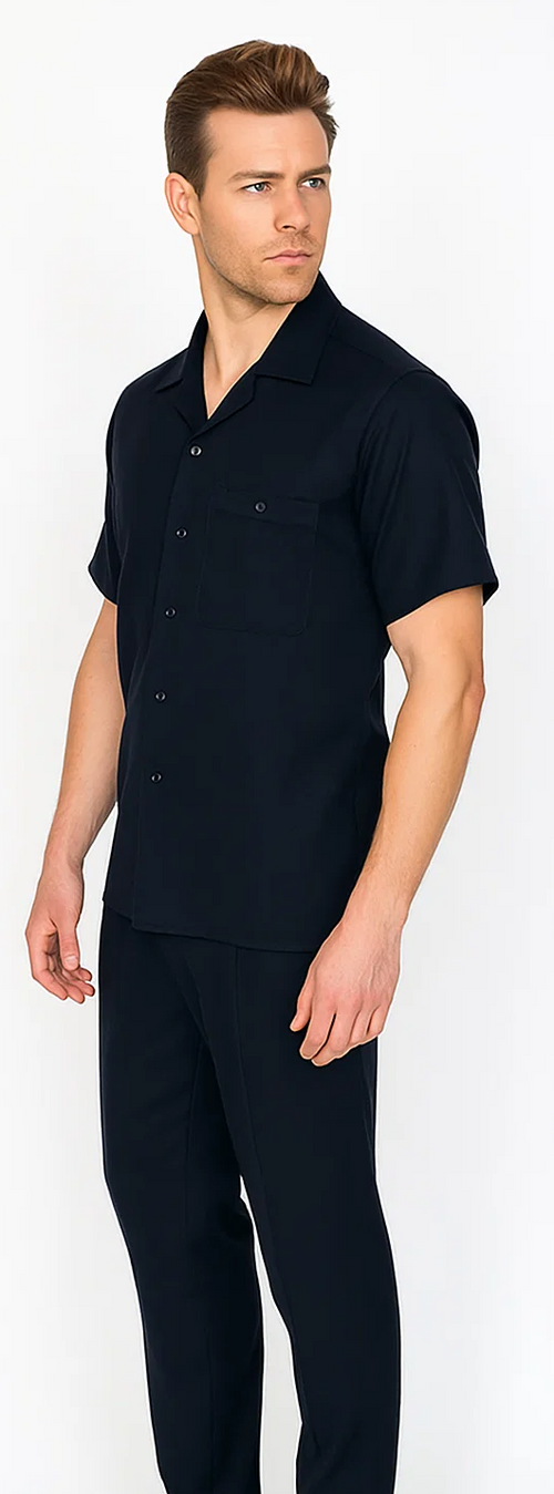 Black men's walking suit: casual matching shirt & pants. Collared, short-sleeved shirt with front pocket and buttons. Fitted, structured pants.
