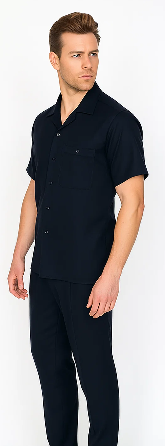 Black men's walking suit: casual matching shirt & pants. Collared, short-sleeved shirt with front pocket and buttons. Fitted, structured pants.
