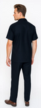 Men's black leisure suit: short-sleeve shirt and pants. Relaxed fit, smooth fabric. A comfortable, coordinated casual outfit.
