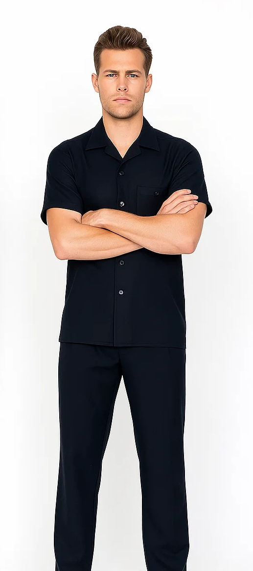 Black leisure suit: short-sleeve collared shirt (button-front, chest pocket) and straight-leg trousers. Smooth, solid black fabric. Matching color and material.
