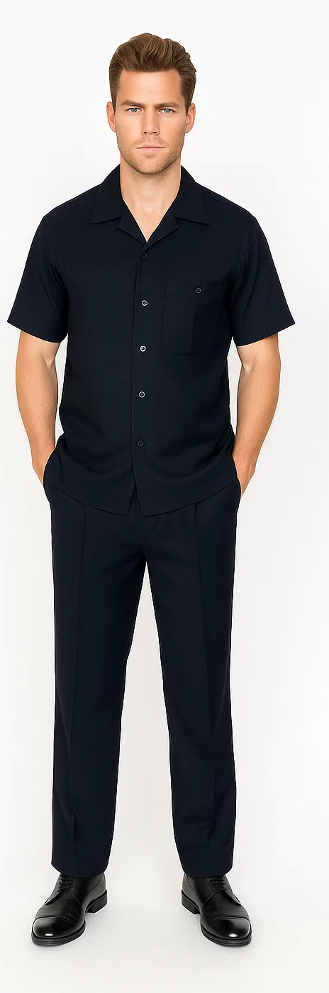 Men's black leisure suit: short-sleeve button-up shirt with chest pocket and matching pants. Smooth, tailored fabric with a classic fit.
