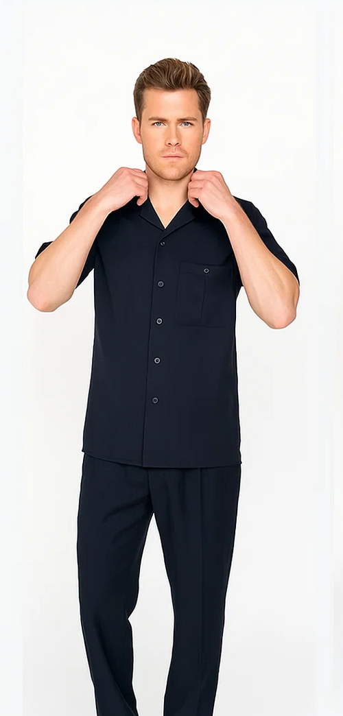 Black men's walking suit: short-sleeved, button-up shirt with pocket, and matching pants. Smooth, lightweight fabric, structured fit.
