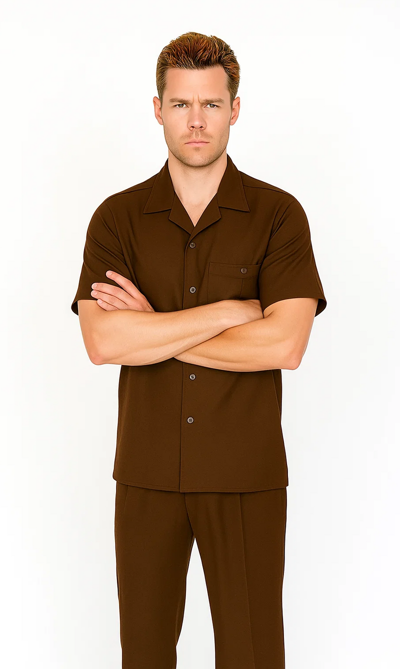 Brown men's leisure suit: short-sleeve shirt with pointed collar & chest pocket, matching straight-leg pants. Lightweight, smooth solid brown fabric. Relaxed fit.
