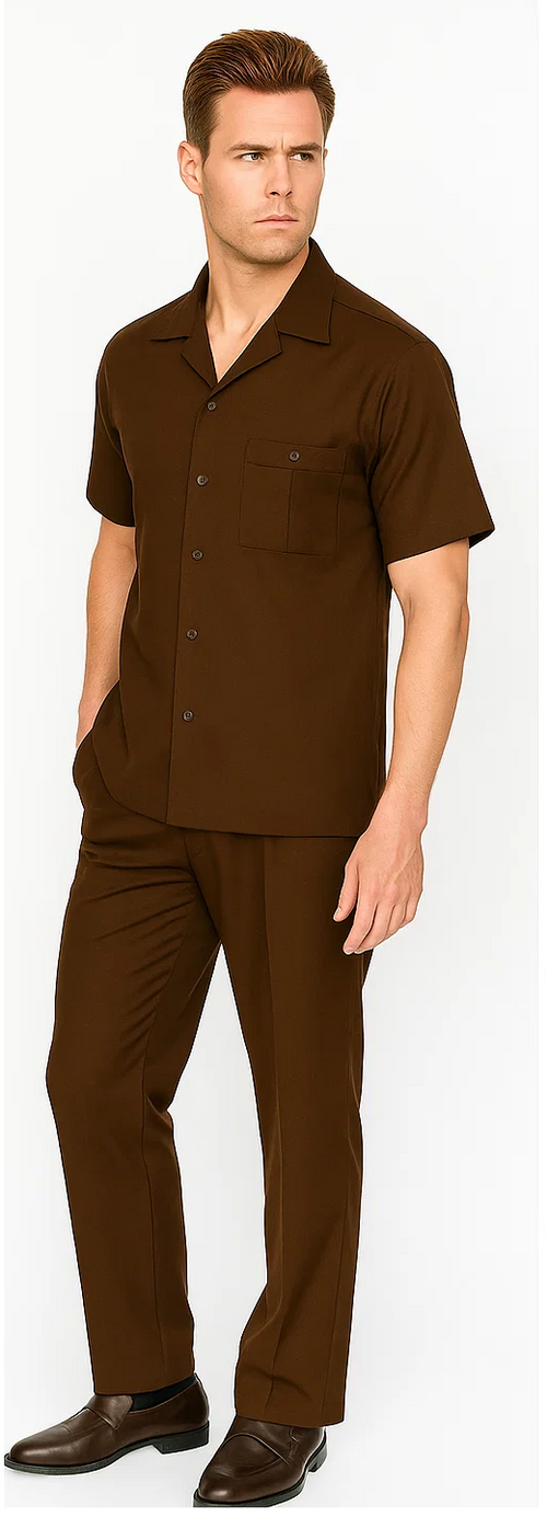 Men's brown leisure suit. Includes short-sleeve button-up shirt with chest pocket & pointed collar, and straight-cut pants. Smooth, lightweight fabric. Shirt tucked in, worn with dark shoes. Matching brown color.
