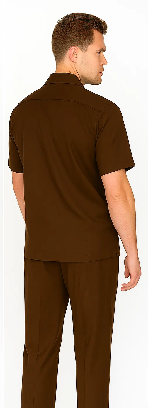 Brown leisure suit: short-sleeve shirt & matching pants. Straight collar, relaxed fit shirt; casual pants. Soft, likely synthetic material. Solid, uniform brown color.
