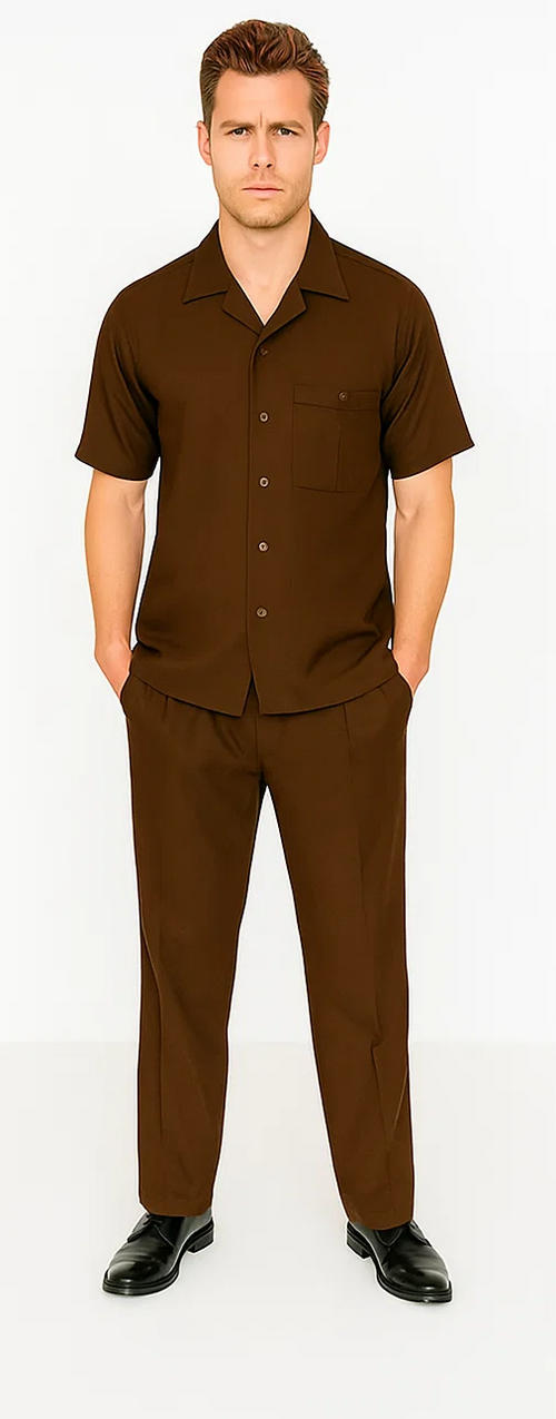 Men's walking suit: Brown, short-sleeve button-down shirt with chest pocket & matching pants. Solid, pattern-free fabric. Relaxed fit for casual wear, designed to be worn as a set.
