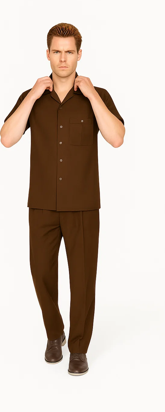 Brown leisure suit. Short-sleeve shirt with a pocket and buttons. Matching pants with straight legs. Solid color design.
