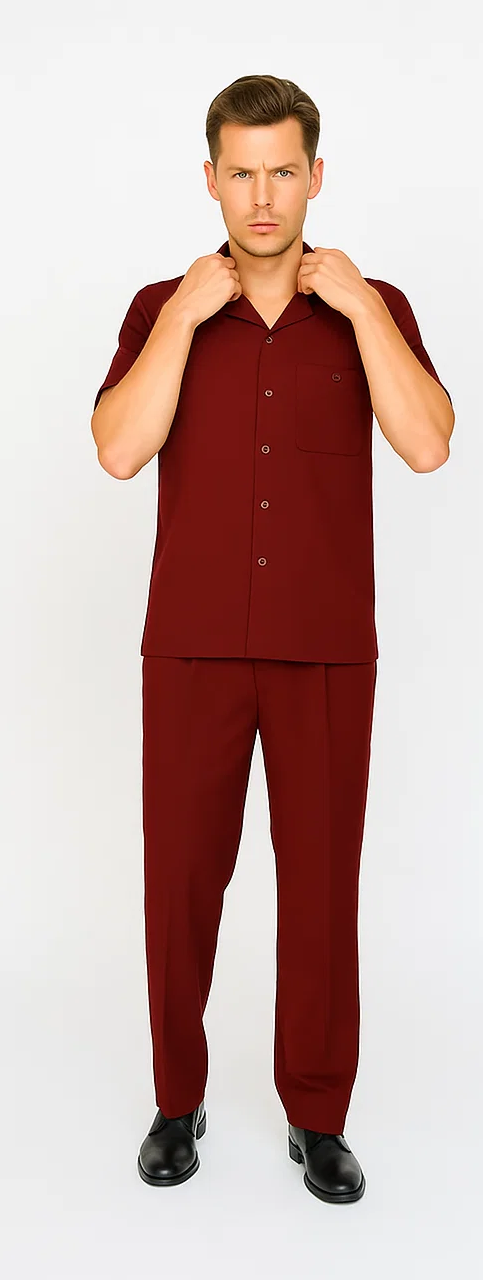 Burgundy men's leisure suit: short-sleeve button-down shirt with chest pocket & straight-leg pants. Solid color, lightweight fabric, comfortable design for coordinated look.
