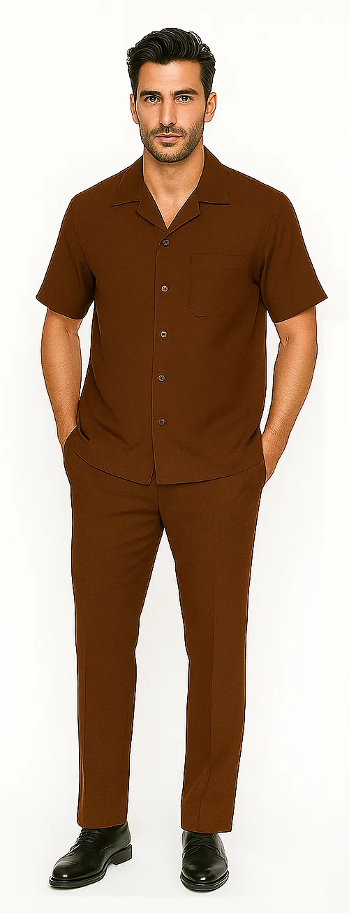 Cognac-colored men's leisure suit: short-sleeved button-up shirt with relaxed collar & chest pocket, paired with straight-leg tailored pants. Solid color, smooth, lightweight fabric. Casual wear.

