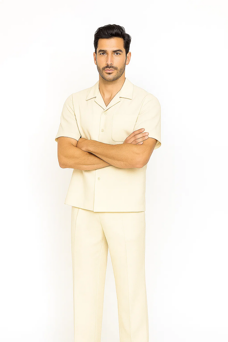 Cream short-sleeve men's leisure suit: relaxed-fit shirt with chest pocket and fold-down collar, plus matching straight-leg pants. Lightweight fabric, perfect for leisure.
