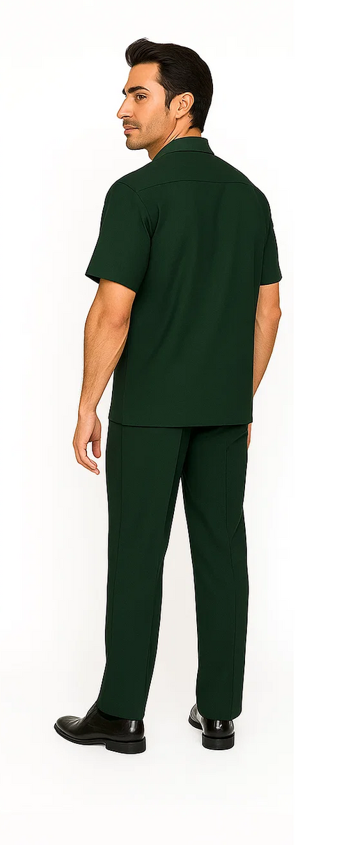 Hunter green men's leisure suit with short-sleeved collared shirt and straight-cut pants. Smooth, solid-colored fabric. Outfit includes tailored pants and black shoes for a complete, cohesive look.
