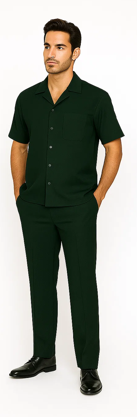 Hunter green men's leisure suit: short-sleeve button-front shirt with chest pocket & tapered pants. Smooth, uniform fabric. Relaxed, stylish fit.
