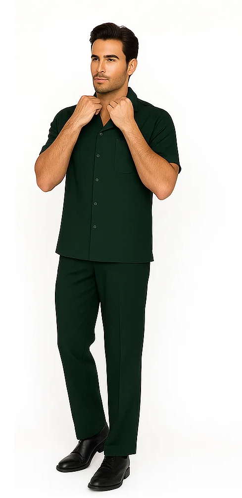 Hunter green men's leisure suit: short-sleeve button-up shirt with chest pocket & straight-leg pants. Solid, smooth fabric for a comfortable, coordinated look.

