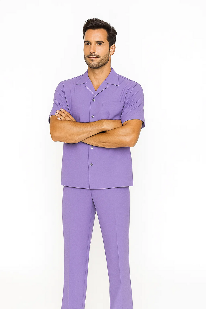 Lavender leisure suit: short-sleeved button-up shirt with notch collar and straight-leg pants. Solid lavender color on both pieces.

