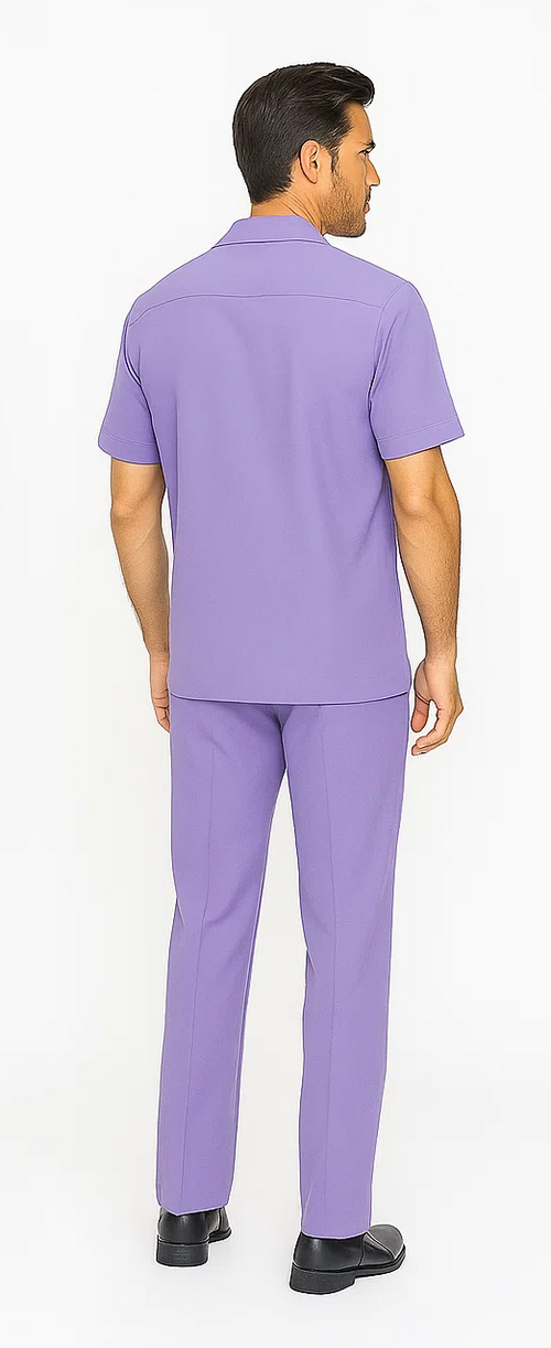 Lavender leisure suit: short-sleeve shirt and straight-leg pants. Features collared neckline, fitted design, and smooth material. A complete, stylish set.
