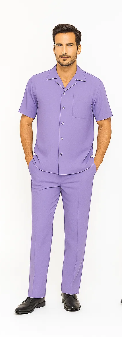 Men's lavender leisure suit: short-sleeve shirt with collar & pocket, matching straight-leg pants. Smooth, uniform lavender fabric. Relaxed, coordinated outfit.
