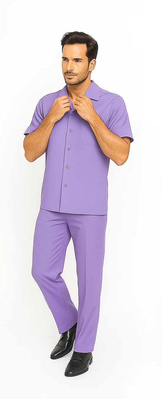 Lavender men's leisure suit. Short-sleeved button-up shirt with collar and pocket. Matching straight-cut pants, tapered at the bottom. Smooth, solid-colored fabric.
