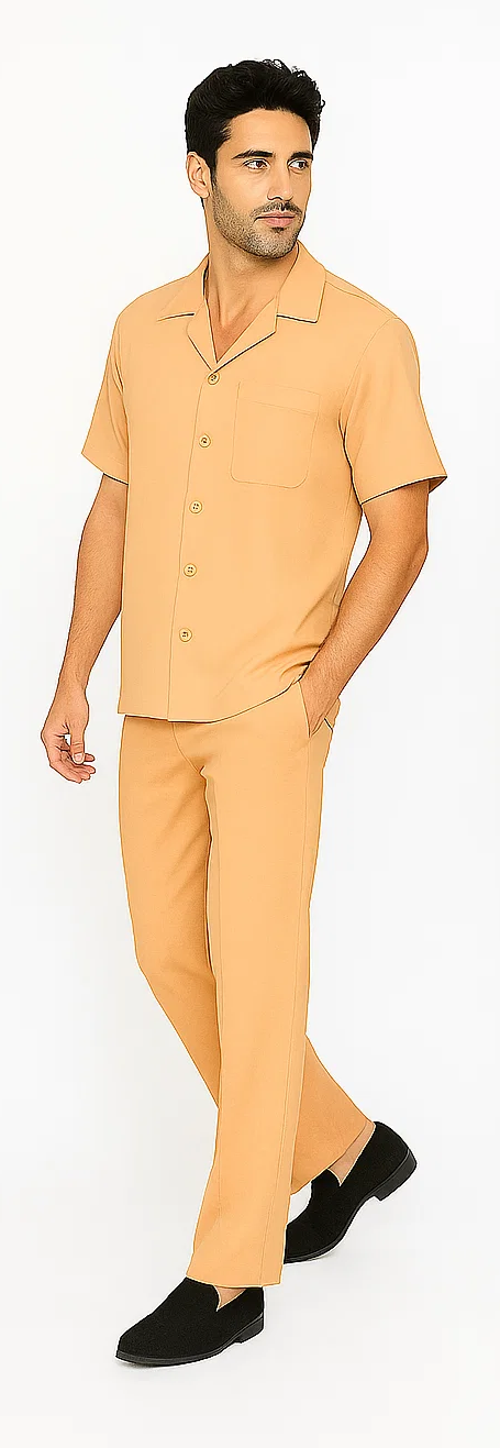 Melon-colored men's leisure suit: short-sleeved shirt with pocket & button closure, matching straight-leg pants. Smooth, lightweight fabric. Solid color, simple design.
