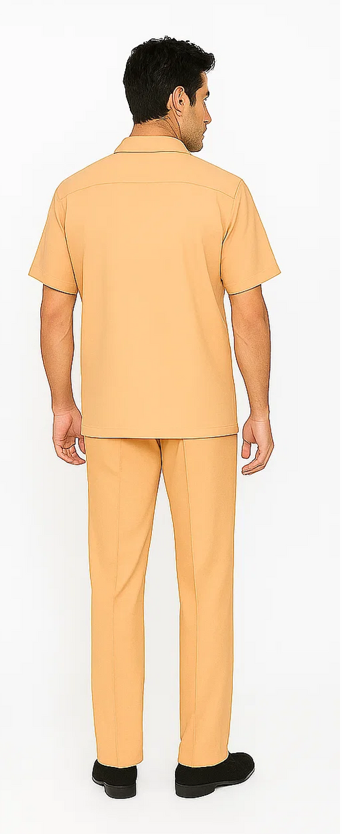 Men's melon-colored leisure suit: short-sleeved shirt with a flat collar and straight-cut, streamlined pants. Lightweight fabric, coordinated hue, and comfortable, fitted design for casual wear.
