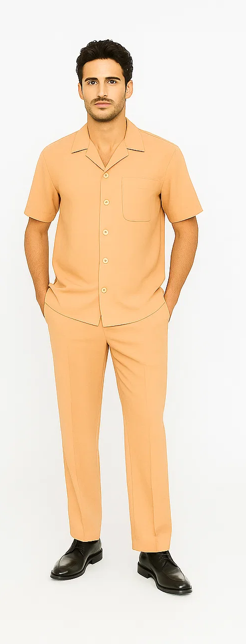 Men's melon-colored leisure suit. Includes short-sleeved button-up shirt (straight cut, chest pocket, collar) and tapered trousers. Smooth, uniform fabric. Coordinated look.
