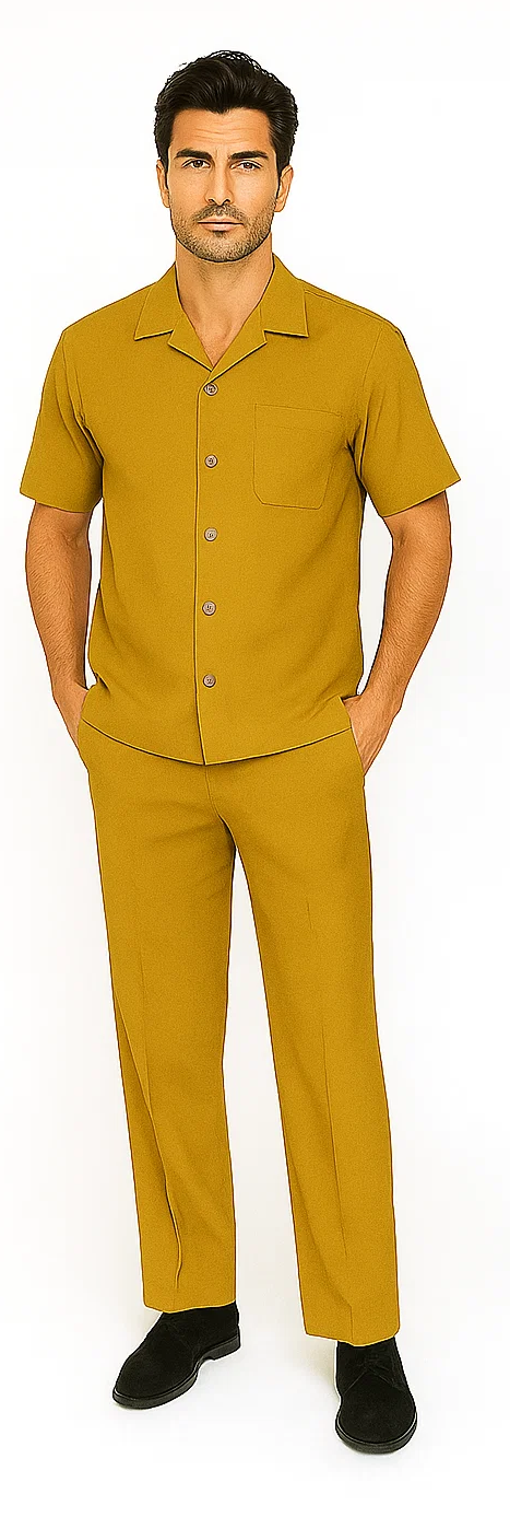 Mustard men's walking suit: short-sleeved shirt with button-down front and pocket, plus straight-leg pants. Matching set for a coordinated look.
