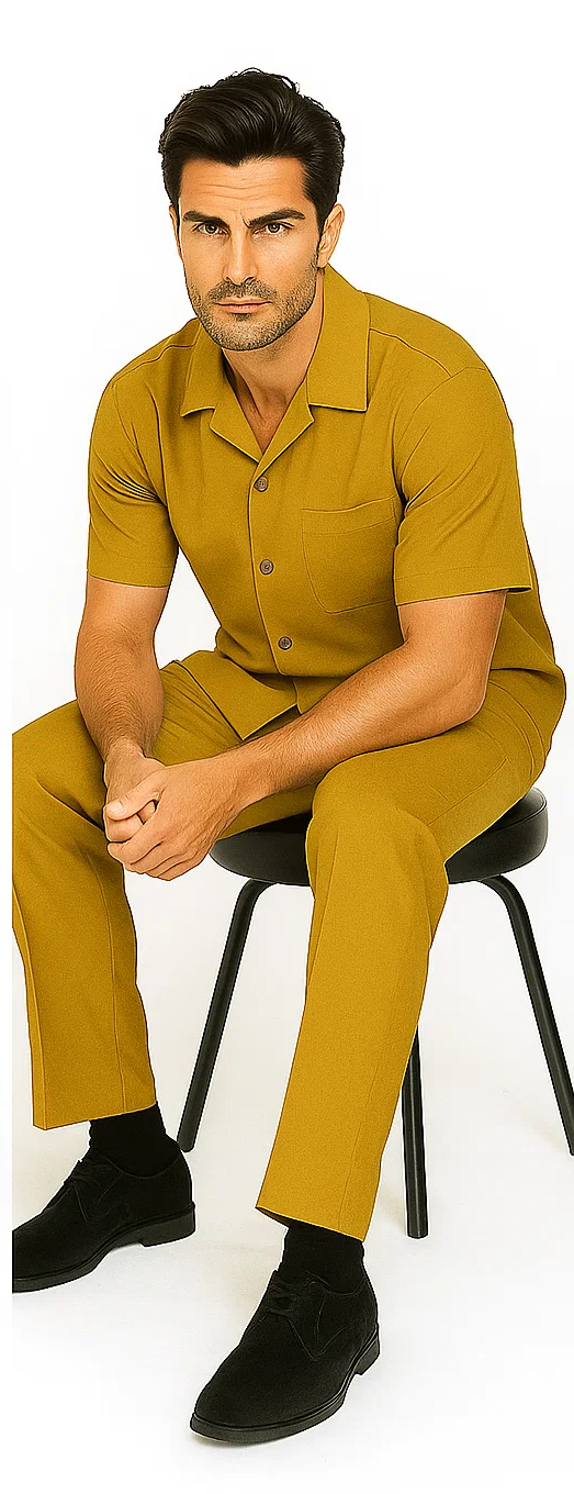 Mustard men's walking suit: short-sleeve button-up shirt with pocket and ankle-length pants. Smooth fabric for comfort and style.
