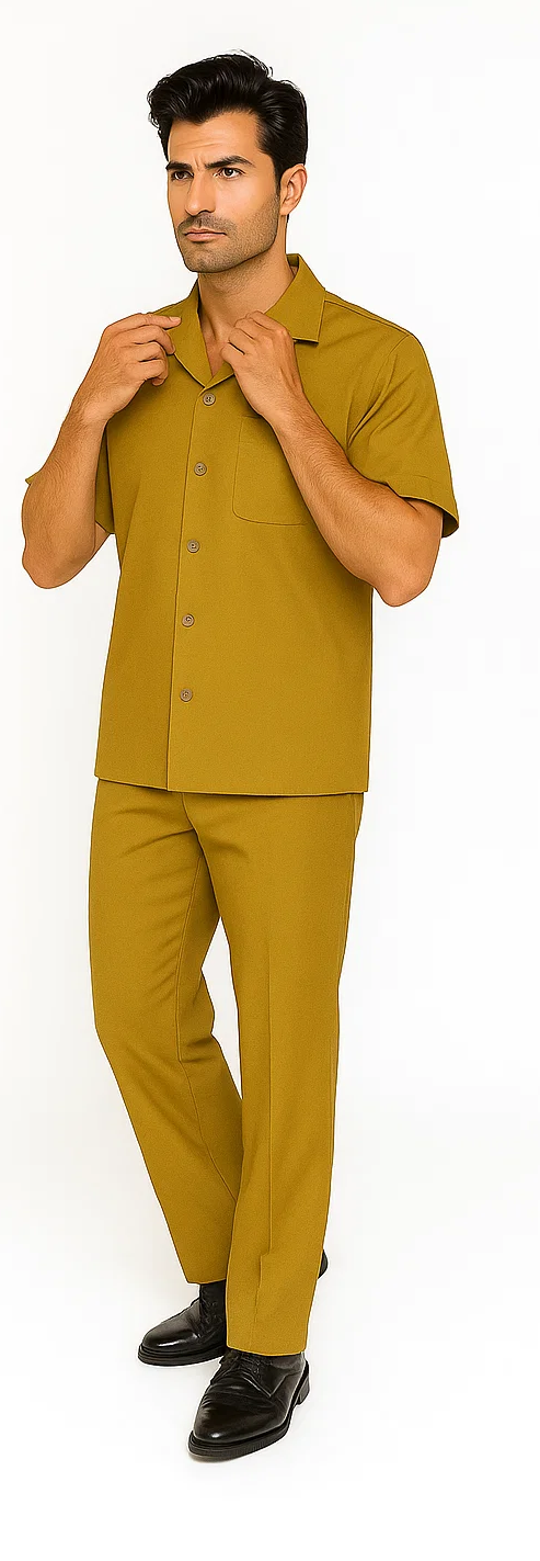 Mustard-colored men's walking suit. Short-sleeved shirt with collar, front pocket, and buttons. Straight-leg, tailored pants. Smooth, lightweight fabric.

