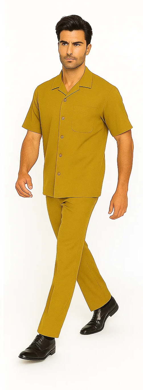Mustard-colored men's walking suit. Includes a short-sleeved, button-up shirt with a chest pocket and structured fit, paired with straight-leg pants. Lightweight, smooth fabric.
