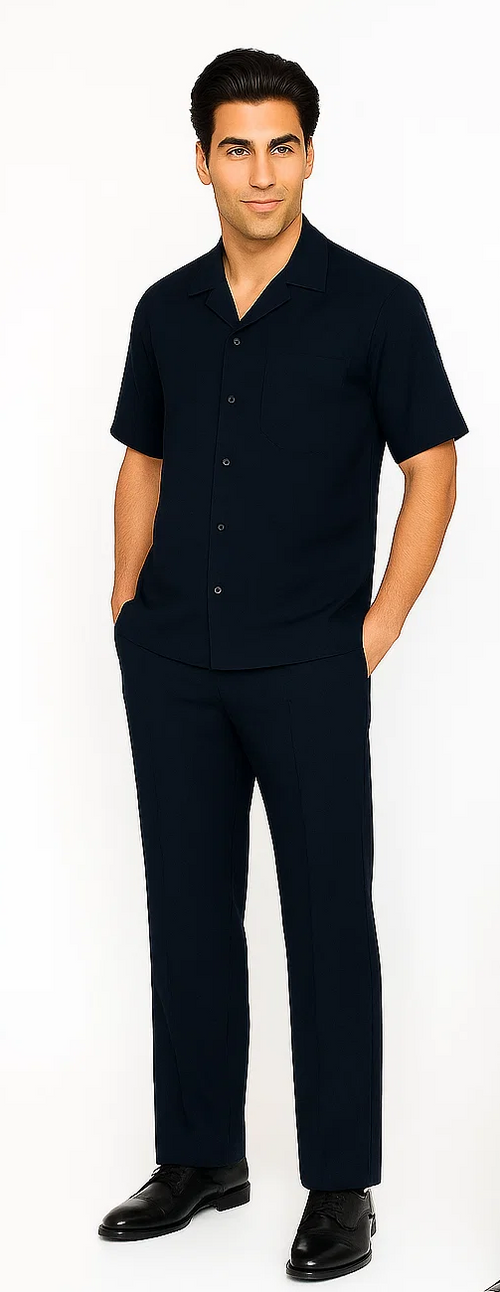 Navy leisure suit: short-sleeve button-up shirt & tailored pants. Smooth material, slim fit. Perfect for a relaxed yet stylish look.
