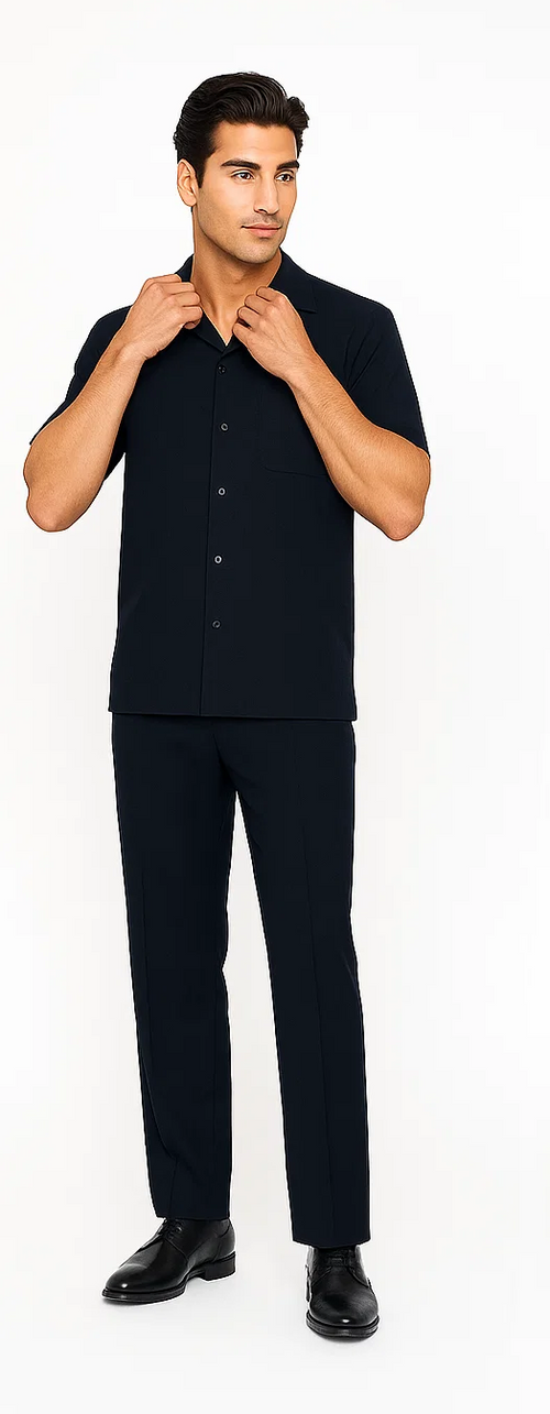 Navy leisure suit: short-sleeve shirt with a classic collar and breast pocket, paired with straight-cut, lightweight pants. Uniform navy color, smooth finish, no patterns.
