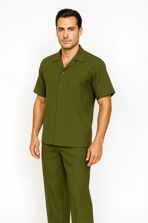 Olive green leisure suit: short-sleeved button-up shirt with a chest pocket and matching straight-leg pants. Lightweight, structured fabric.
