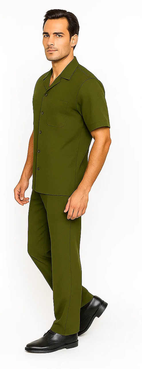 Olive men's leisure suit: short-sleeve shirt with a collar, chest pocket, and button-down front, paired with matching straight-leg pants. Smooth fabric, uniform olive color, clean design.
