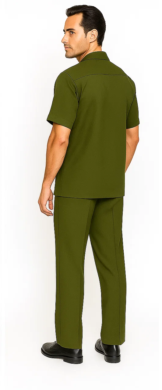 Olive-colored men's walking suit: short-sleeved, straight-cut shirt with simple collar & straight-leg pants. Lightweight, smooth material; no visible patterns. Color-coordinated olive shade.
