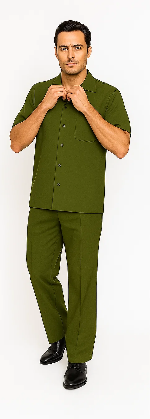 Olive leisure suit: short-sleeve button-down shirt with pocket, and straight-fit tailored pants with crease. Smooth, woven fabric.
