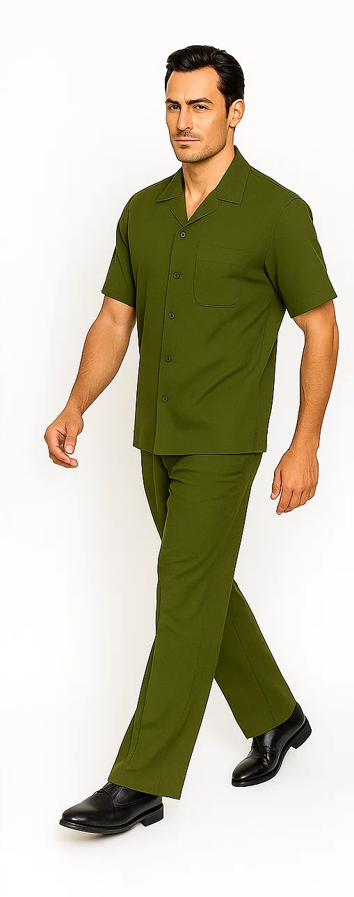 Men's olive leisure suit: short-sleeve shirt with collar, chest pocket, button-up front, and matching straight-leg pants. Both pieces are solid olive.
