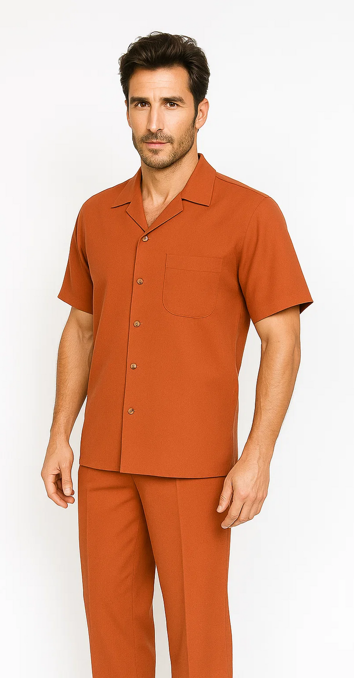 Men's papaya walking suit: short-sleeve button-up shirt with chest pocket & straight-leg pants. Lightweight, solid fabric in a warm, even orange. Ideal for comfortable wear.
