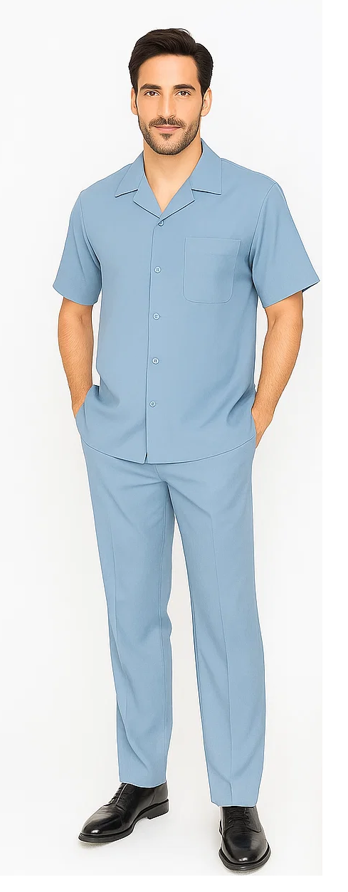 Powder blue men's leisure suit: short-sleeve button-up shirt with pocket, and straight-leg pants. Lightweight, smooth fabric. Relaxed, stylish.
