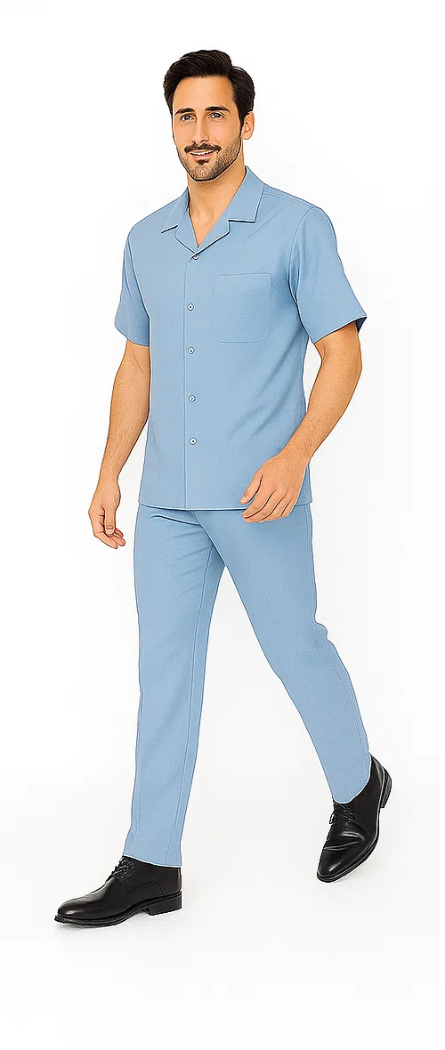 Powder blue men's walking suit: short-sleeved shirt with pocket, straight collar, button-down front, and matching tailored pants. Lightweight fabric.

